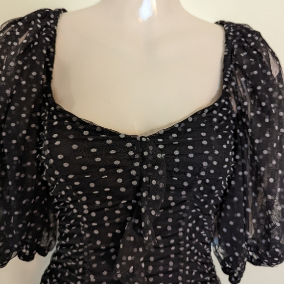Zara polka dot mesh shirred mini dress puff sleeves black white xs - Picture 9 of 16